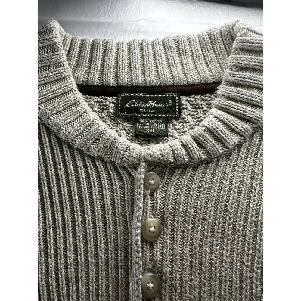 VTG 1990s Eddie Bauer Ribbed Henley Sweater‎ Mens 2XL Beige Made In Hong Kong